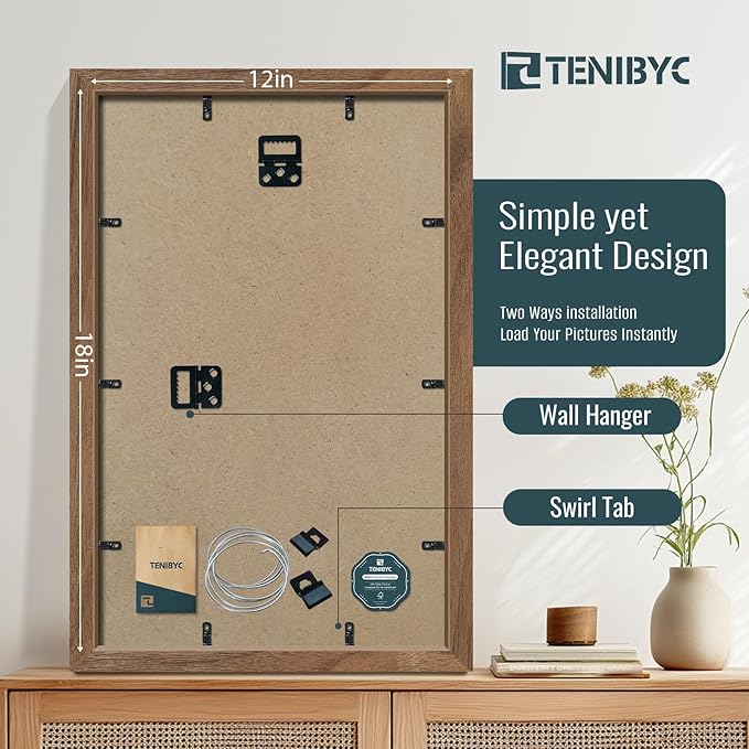 12x18 Frame Set of 4, Brown Grain, Walnut Wood & HD Tempered Glass, 12x18 Poster Picture Frame, Vertical & Horizontal Wall Hanging