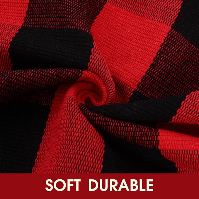 Christmas Red and White Plaid Rug, 24 x 51 Inches Cotton Hand-Woven Layered Door Mat for Front Porch, Entryway, Outdoor Holiday Decor, Washable Buffalo Check Rug for Home, Patio, Kitchen