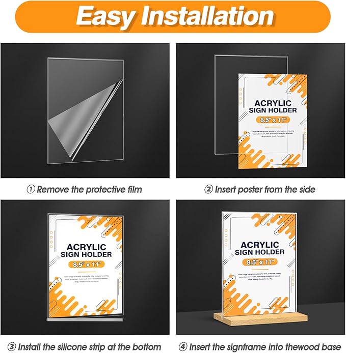 8.5 x 11 Acrylic Sign Holder with Wood Base - Tabletop Display Menu Stand - Clear Plastic L/T Shape Vertical or Slant Back Paper Holders - 6 pack