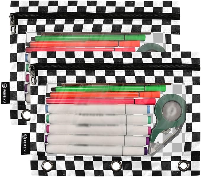 Black White Checkered Pattern Pencil Pouch for 3 Ring Binder, 2 Pack Waterproof Pencil Bags Clear Window Pencil Case Zipper School Office Supplies