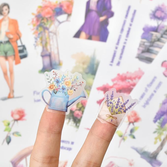 Snycler Purple Flower Series Sticker Book - 20 Sheets Vintage PET Stickers for Scrapbooking, Junk Journaling, Ephemera, and Decorative Crafts - Pre-Cut Floral Design Stickers