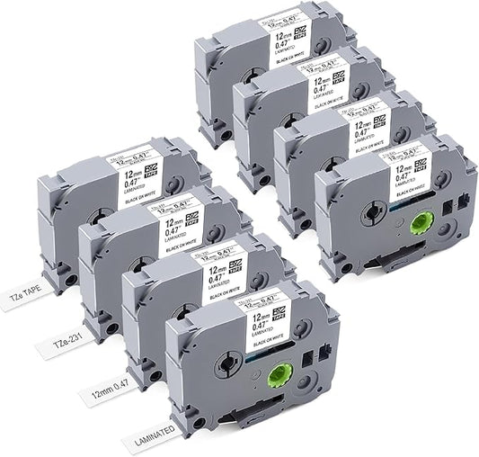 8Pk Replace for Brother Label Maker Tape 12mm 0.47 White Work with Brother P Touch Label Tape TZ TZe 1/2" Black on White TZe-231 for P-Touch PT-H103w H110 D210 D220 D400 1180 1280 1890 2040,8m 26.2ft