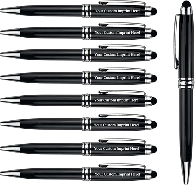 Ancolo Personalized Ballpoint Pens with Stylus - Engraved with Your Message Name/Phone Number Metal Body Black ink Gift for Bank, Office, Hotel Lobbies, Groomsmen Gift 10 Pens/Box