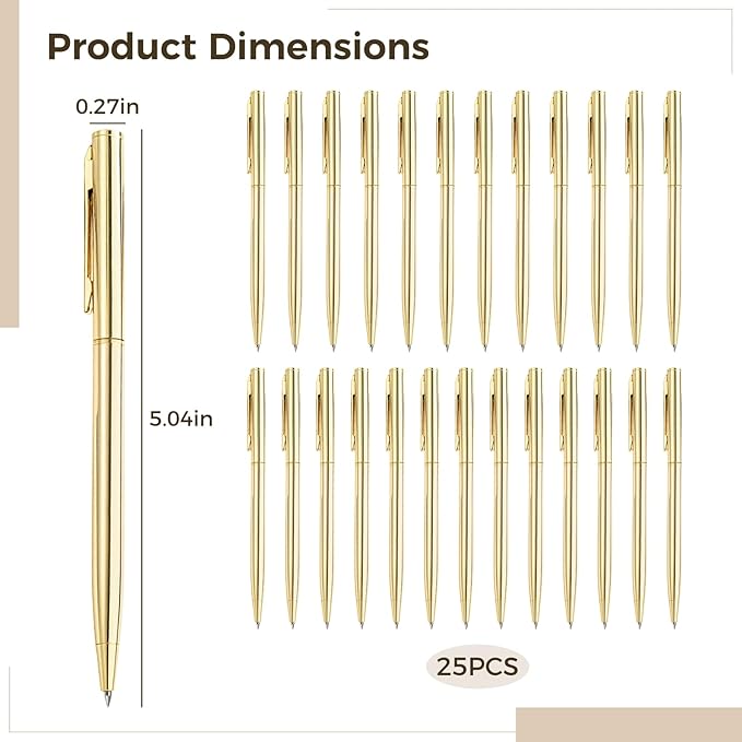 25 Pcs Gold Pens Bulk, Metal Ballpoint Pen, Retractable Black Ink 1mm Medium Point Smooth Writing Pens, Stylish Writing Pen Set with Clips for for Business Office Teachers Weddings and Parties