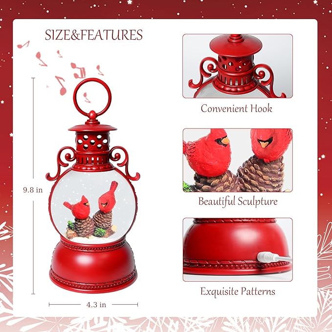 Christmas Snow Globes, Cardinal Christmas Snow Lantern with 8 Songs, 6H Timer Battery & USB Powered Glitter Music Box for Christmas Table Decorations Home Decor