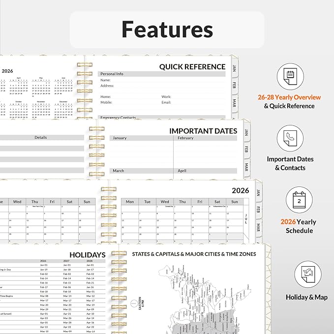 SUNEE 2026 Planner Weekly and Monthly Calendar Planner, January 2026-December 2026, Daily Agenda 6.4"x8.3", Tabs, Note Pages, Spiral Binding, Black