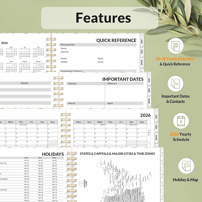 SUNEE Planner 2026 Weekly and Monthly, January 2026-December 2026, 6.4"x8.3", Tabs, Note Pages,Spiral Binding, Eucalyptus