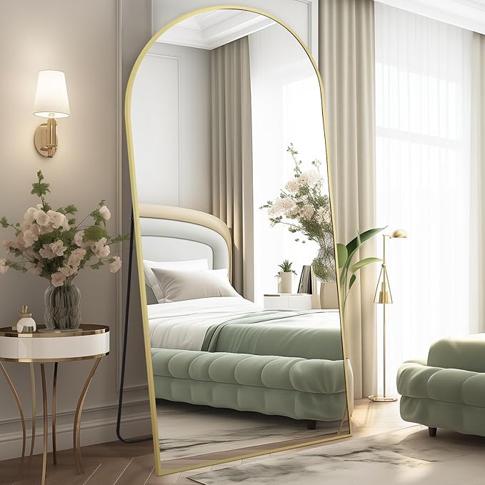 MELOMOIR 76"x34" Gold Mirror Full Length, Large Mirror Full Length for Bedroom Living Room Cloakroom Home Gym, Free Standing Leaning or Wall Mounted, Arched Top Thin Aluminum Frame, Tempered Glass