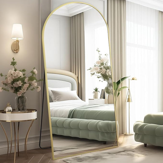 MELOMOIR 76"x34" Gold Mirror Full Length, Large Mirror Full Length for Bedroom Living Room Cloakroom Home Gym, Free Standing Leaning or Wall Mounted, Arched Top Thin Aluminum Frame, Tempered Glass