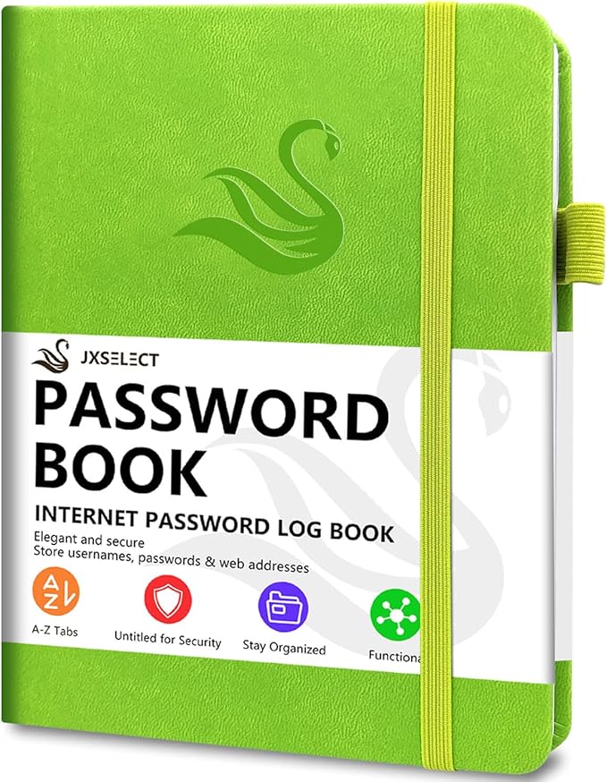 Elegant Password Book with Alphabetical Tabs - Hardcover Password Book for Internet Website Address Login - 7" x 10" Password Keeper and Organizer w/Notes Section & Back Pocket (Green)