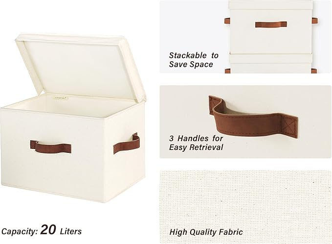 StorageWorks Fabric Storage Bins with Lid, Decorative Storage Boxes for Shelves, Stackable Closet Organizer Basket with Handles, Large, Ivory White, 2-Pack