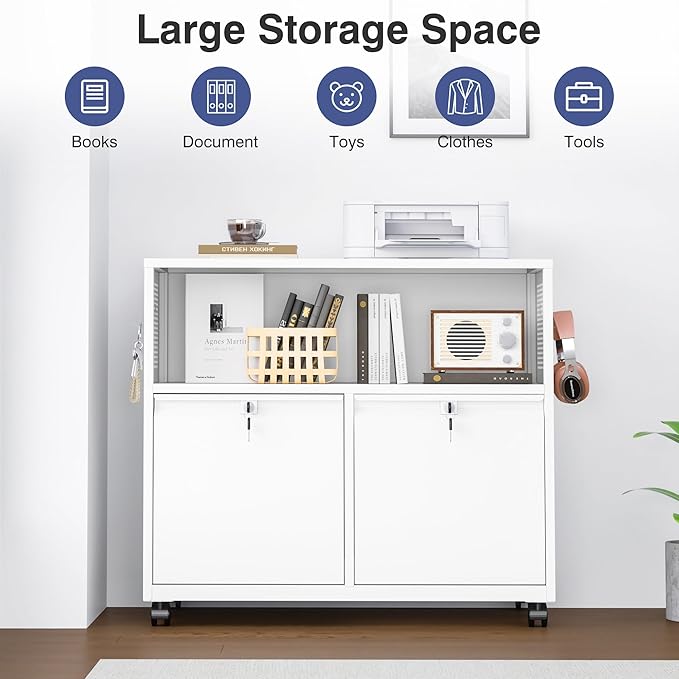 Metal File Cabinet,2 Drawer Lateral Filing Cabinet with Lock,Rolling Printer Stand Storage Cabinets with Shelves for Home Office Letter/Legal/A4 Size Files(White)