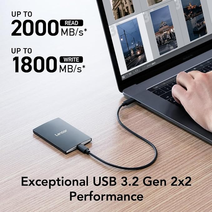 Lexar 2TB SL500 Portable SSD, Up to 2000MB/s, Compatible w/Type-C Laptops, iPhone 15/16, Smartphones, Tablets, PS5, Xbox, USB 3.2 Gen 2x2, Slim & Lightweight, External SSD, Black (LSL500X002T-RNBNU)