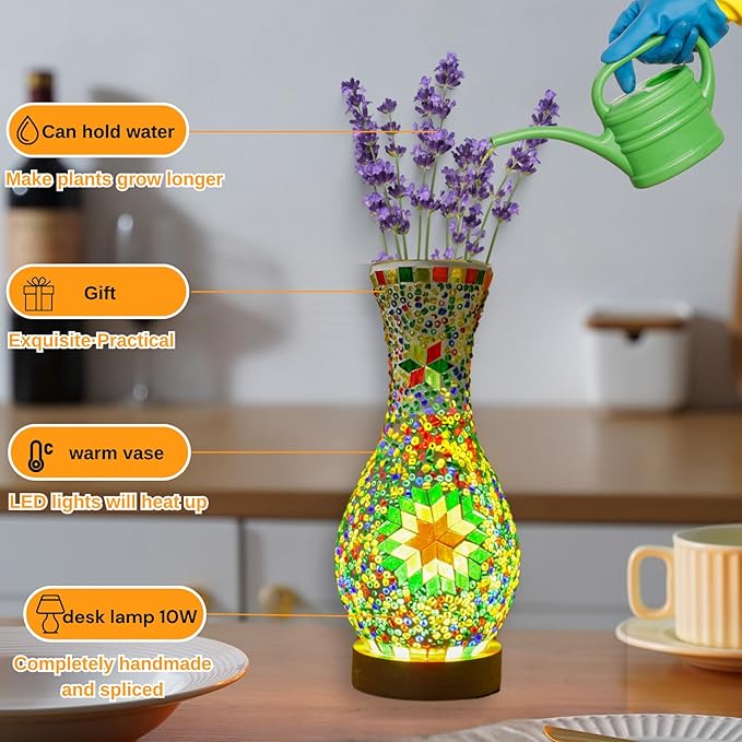 Unique Turkish Moroccan Style Mosaic Table Lamp, Colorful Glass Table Light with Wood Base, USB Powered for Bedroom, Living Room