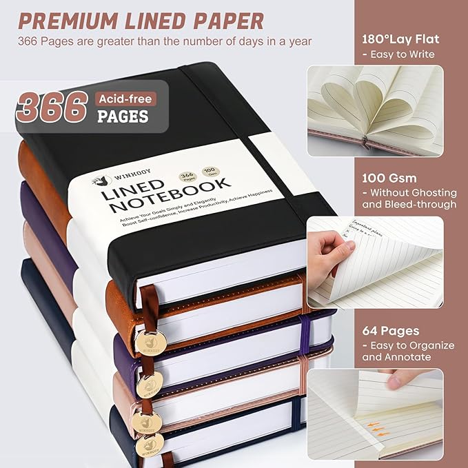 Lined Journal Notebook, 366 Pages, 100Gsm Leather Hardcover Journals for Writing Thick A5 College Ruled Classic Notebook with Pen Loop, Daily Journal for Women Men Travel Business Work Office