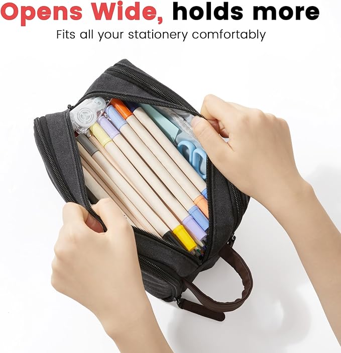 Sooez Large Pencil Case Pouch, Extra Big Pencil Pouch Pencil Bag with PU Handle & Zipper, Sturdy Pen Case with 3 Compartments, Aesthetic School College Supplies Organizer for Men Women Boys, Brown