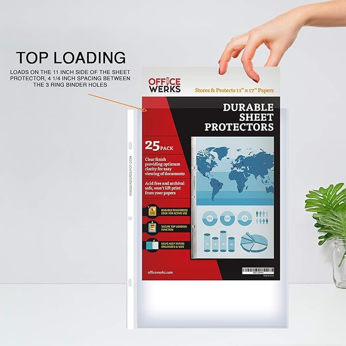 Office Werks 11x17 Sheet Protectors with 90 Microns Thick, Portrait View, Top Loading, Store or Display Paper, Photographs, Prints, and Documents, 25 Pack