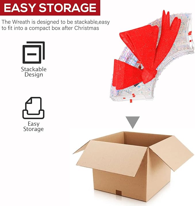 Hykolity 48 in. 3D Lighted Outdoor Iridescent Christmas Wreath with Red Bow, 140 LED Lights Christmas Wreath for Holiday, Garden, Porch Decoration