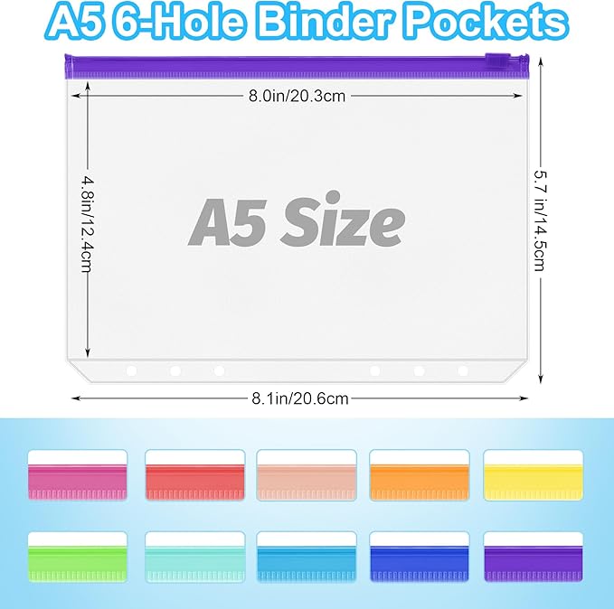 Antner 20PCS A5 Binder Pockets 6-Hole Cash Stuffing Envelopes for Money Saving, 10 Assorted Color Zipper Pouch Folders Budget Planner Inserts Loose Leaf Money Organizer Bags for A5 6-Ring Binder