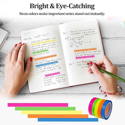10 Rolls Highlighter Tapes, Colored Transparent Marking Sticker, Removable Fluorescent Neon Tape for Students Teachers Reading Taking Notes at Class Home Office