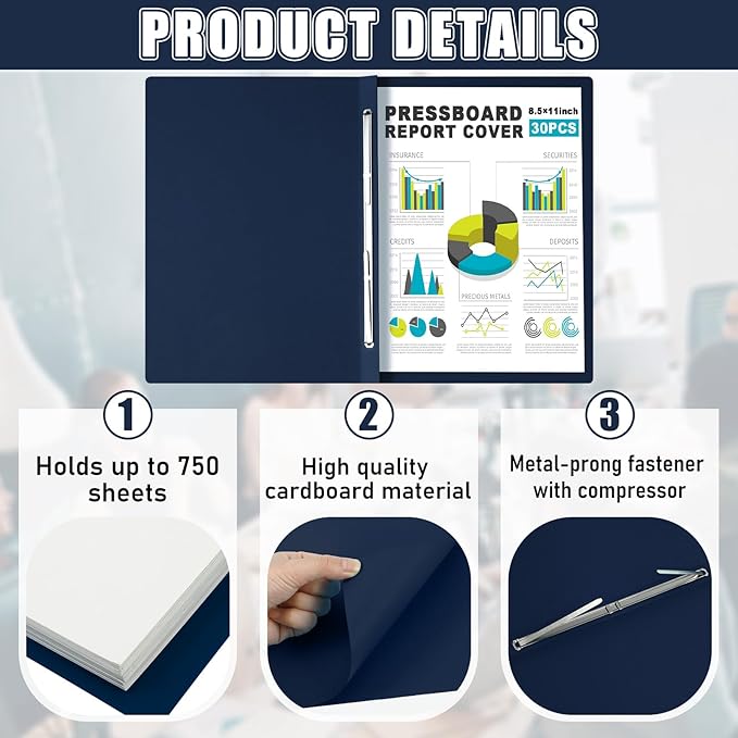 30 Pcs 8.5'' x 11'' Pressboard Report Cover, 3'' Capacity Metal Prong Fastener with Compressor, Letter Size, Presentation Folder to Neatly Bind Report, Proposal Document (Dark Blue)