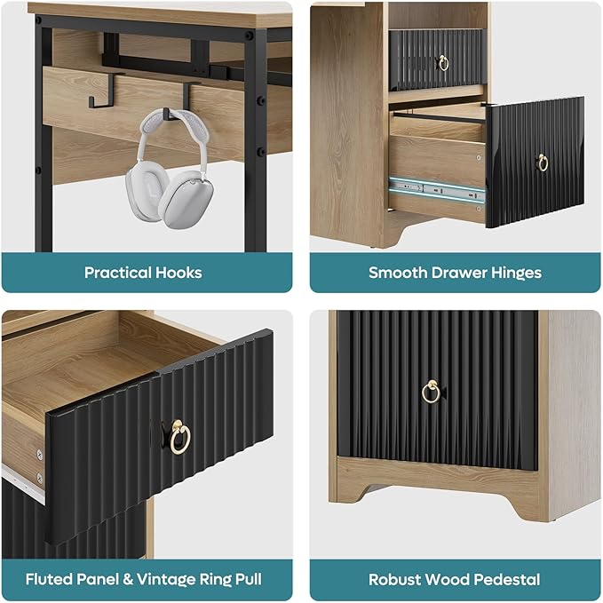 Bestier 55 Inch Computer Desk with Keyboard Tray, Modern Office Desk with Storage, Wood Writing Desk with File Drawer, Fluted Panel & 2 Hooks for Home Office & Studio, Natural Oak