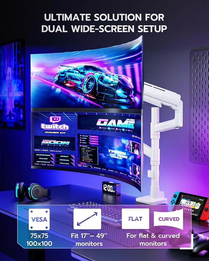 Vertical Dual Monitor Mount for 17-49 Inch Ultrawide Heavy Duty Curved Screen Stacking, Computer Monitor Arm Desk Mount, Gas Spring Adjustable Vesa Stand, White
