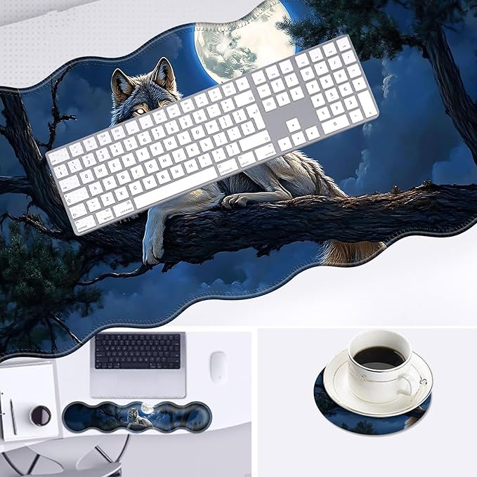 Large Mouse Pad and Keyboard Wrist Rest, Desk Pad for Keyboard and Mouse, 4-in-1 Large Gaming Mouse Pad with Wrist Support, Desk Mat for Home Office Study Game-Wolf in The Moonlight