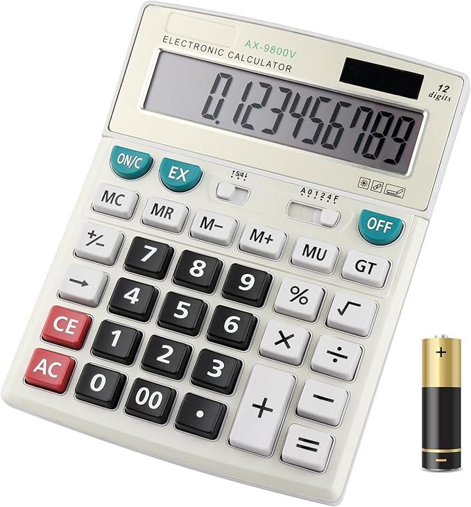 Large Computer Electronic Calculator Counter Solar & Battery Power 12 Digit Display Multi-Functional Big Button for Business Office School Calculating (HY-9800v)
