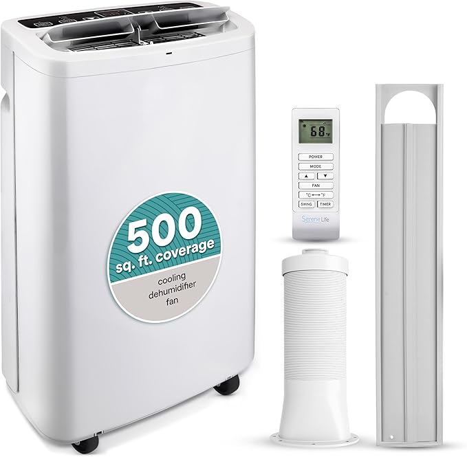 SereneLife Small Air Conditioner Portable 14,000 BTU with Built-in Dehumidifier - Portable AC unit for rooms up to 650 sq ft - Remote Control, Window Mount Exhaust Kit