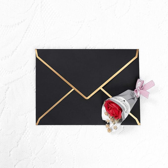 100 Pack A7 Envelopes 5 x 7 Card Envelopes V Flap with Gold Border for Office, Wedding Gift Cards, Invitations, Graduation, Baby Shower, Parties (5.32 x 7.28 Inches, Black)