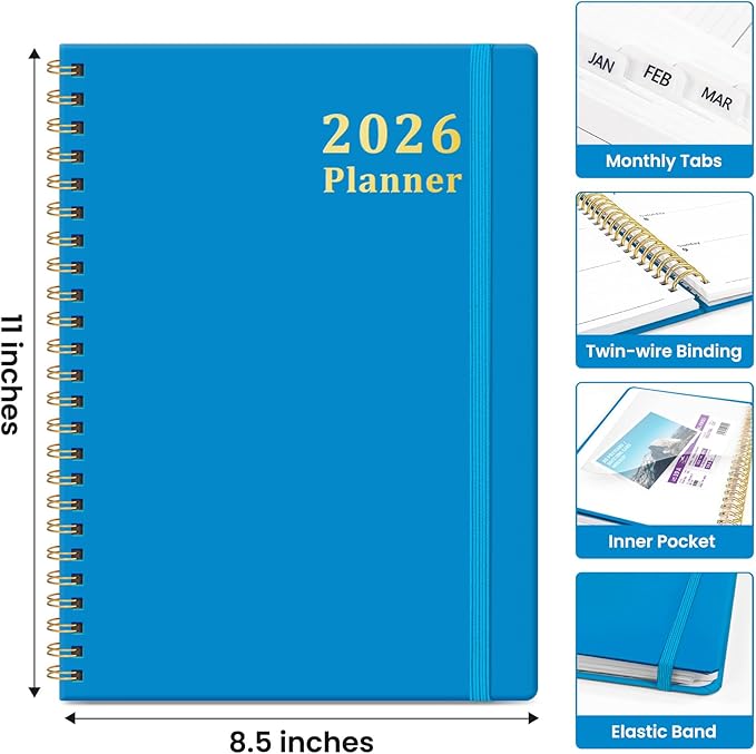 2026 Planner, Weekly and Monthly Calendar Planner, January 2026 - December 2026, Hardcover 2026 Calendar Planner Book with Tabs For Women & Men, Inner Pocket, Spiral Bound, Perfect for Office Home School Supplies - A4 (8.5" x 11"), Azure Blue