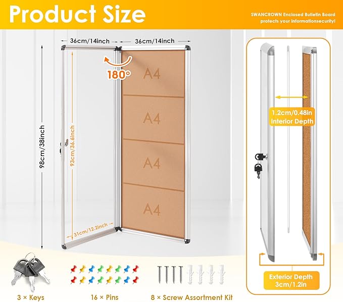 SWANCROWN Locking Bulletin Board Tamper-Proof Notice Board Cork Display Case Wall-Mounted for K12 Office Dentists, 38x14 inch