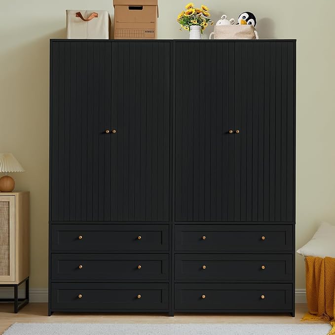 71" Wardrobe Closet Armoire, Wardrobe Armoire Wooden with 2 Doors, 3 Drawers Household Freestanding Wooden Closet Storage Cabinet for Bedroom (Black)