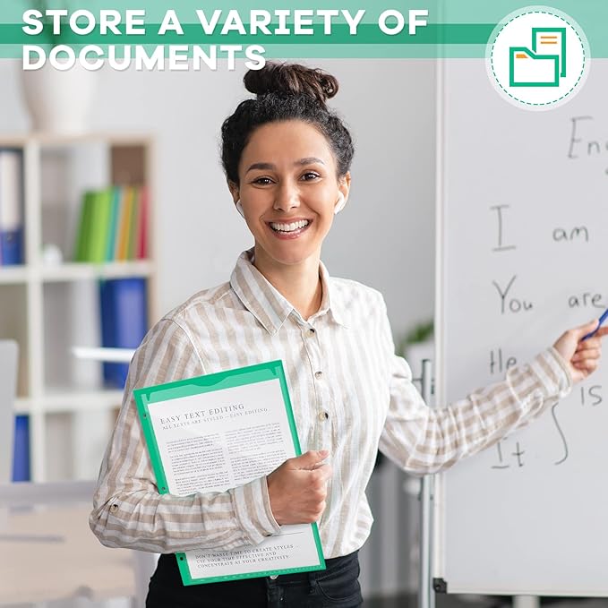 Henoyso 60 Pcs 2 Pocket Plastic Folders with Clear Front Pocket 3 Hole Punched File Folder Letter Size Take Home Documents Holder for Paper Holder Office Business Back to School Supply (Green)