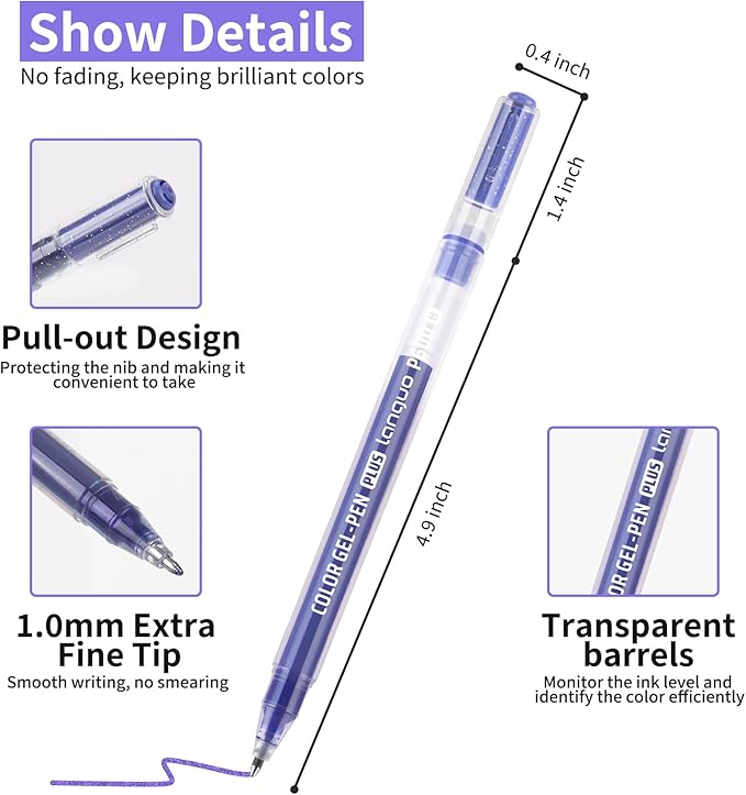 Glitter Gel Pens, 6 Pack Colored Pens for Black Paper & White Paper, 1.0mm Point Pens, Large Capacity Ink Pens for Coloring, Writing, Drawing, Journaling, Note Taking, School, Office, Home