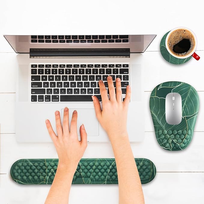 Ergonomic Mouse Pad and Keyboard Wrist Rest with Massage Design, Space-Saving Mouse Pad Wrist Support, Memory Foam Wrist Rest with Non-Slip PU Base for Computer Desk, Green Leaves