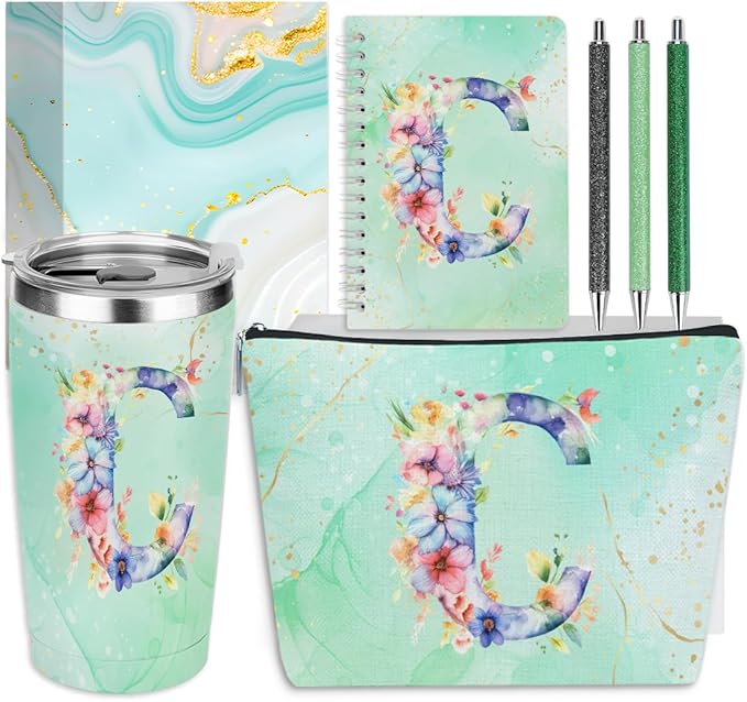 Personalized Gifts Monogrammed Birthday Gifts for Women, Cowerker Wife Sister Wedding Christmas Initial 20 oz Tumbler, Makeup Bag Cup Ballpoint Pens Journal Notebook 6 Set, (Aesthetic Green Flower C)