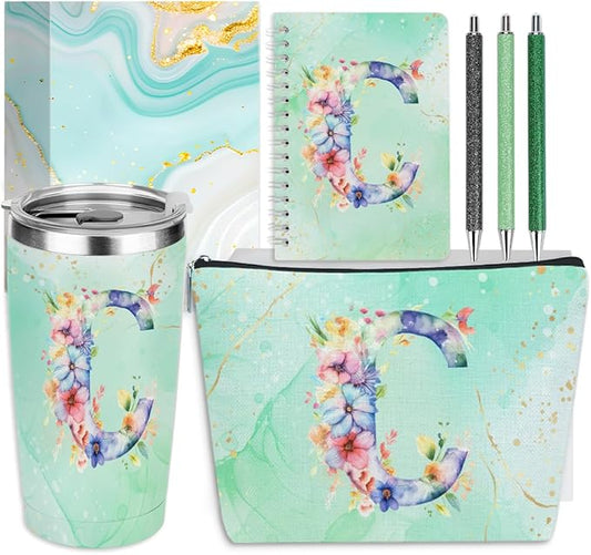 Personalized Gifts Monogrammed Birthday Gifts for Women, Cowerker Wife Sister Wedding Christmas Initial 20 oz Tumbler, Makeup Bag Cup Ballpoint Pens Journal Notebook 6 Set, (Aesthetic Green Flower C)