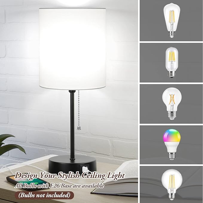 Table Lamps Set of 2 with USB Charging Ports, White Bedside Lamps with AC Outlet, Nightstand Lamps with Pull Chain Switch, Minimalist Modern Desk Lamps with Fabric Shade for Living Room Bedroom Office