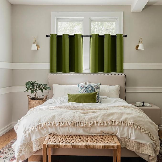 MIULEE Short Curtains for Windows - Light Olive Green Blackout Half Window Curtains Thermal Insulated Privacy Drapes for Kitchen Bedroom Bathroom Grommet Small Basement Tiers W40 x L36 Inch 2 Panels