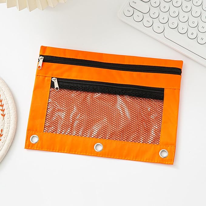 Pencil Pouch for 3 Ring Binder - 3 Hole Zipper Pen Case Bag Holder Bulk Accessories Clear Window Aesthetic Organizer Pockets (Orange, 1)