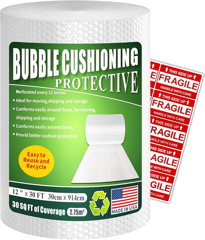 A&A Heavy-Duty Bubble Wrap Cushioning Roll – 12”x30’ Perforated Every 12”, Tear-Resistant Packing Wrap for Moving, Shipping & Storage Made in USA