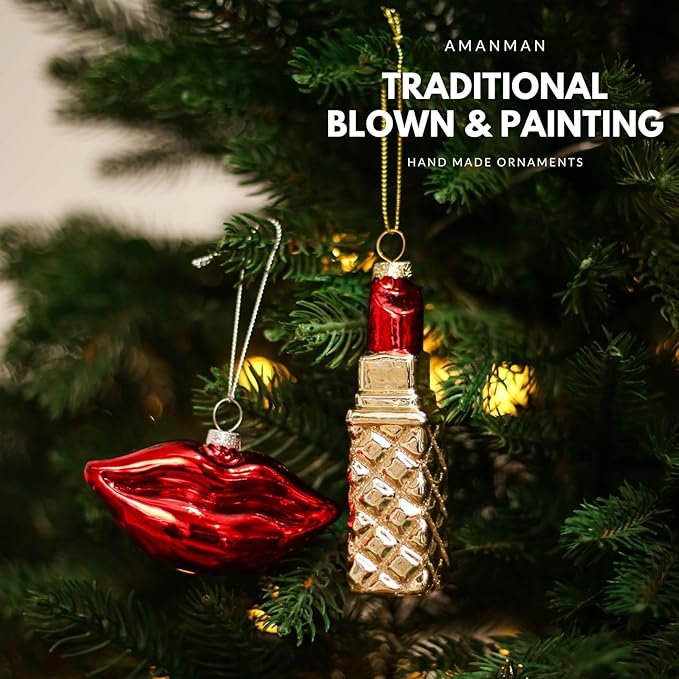 Set of 2 Funny Lipstick & Lips Blown Glass Ornaments - Glitter Gold & Red for Women