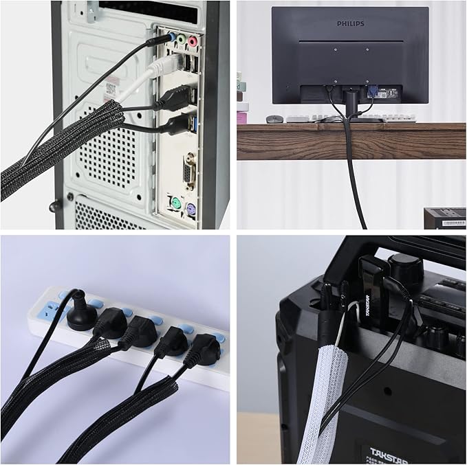 AGPTEK Cable Sleeve Cover, 10ft - 1.5 inch Desk Cord Organizer Cable Hider, Home Office Wire Management Computer TV Wire Loom Tubing, Pet Proof Cord Protector, from Cat Dog Chewing, Black