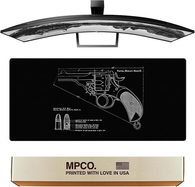 MPCO. Blueprints Large Gaming Desk Pad - 36" x 17" Duraglyde Fabric Pistol Webly Mark IV – Black Desk Mats - Non-Slip, Washable, Smooth Glide for Precision Gaming & Work