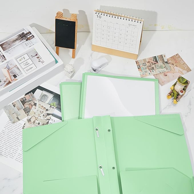 Henoyso 72 Pcs Plastic Folder with Clear Front Pocket and 3 Prong Plastic Folders with Card Slot Pocket Folders with Prongs for School Office (Light Green)