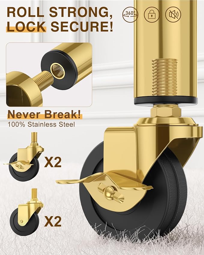 Upgraded 100% Stainless Steel Clothing Rack Load 760LBS, Heavy Duty Clothes Racks with Larger & Sturdy Wheel, Extendable & Adjustable Rolling Garment with Shelves (1 Single Rod, Gold)