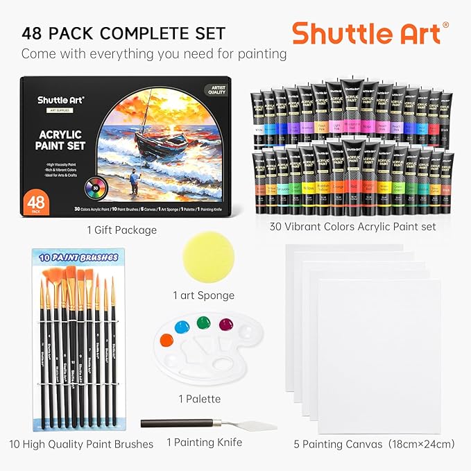 Shuttle Art 48 Pack Acrylic Paint Set, 30 Colors Acrylic Paint (36ml) with 10 Brushes 5 Canvas 1 Paint Knife 1 Palette 1 Art Sponge, Complete Set for Kids, Adults Painting on Canvas Rocks Wood Ceramic