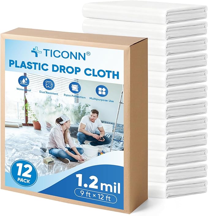 TICONN 12 x 9 Ft Plastic Drop Cloth for Painting, Waterproof Painters Plastic Sheeting, Painting Tarp for Furniture Cover, Floor Protection (12PK, 1.2Mil)
